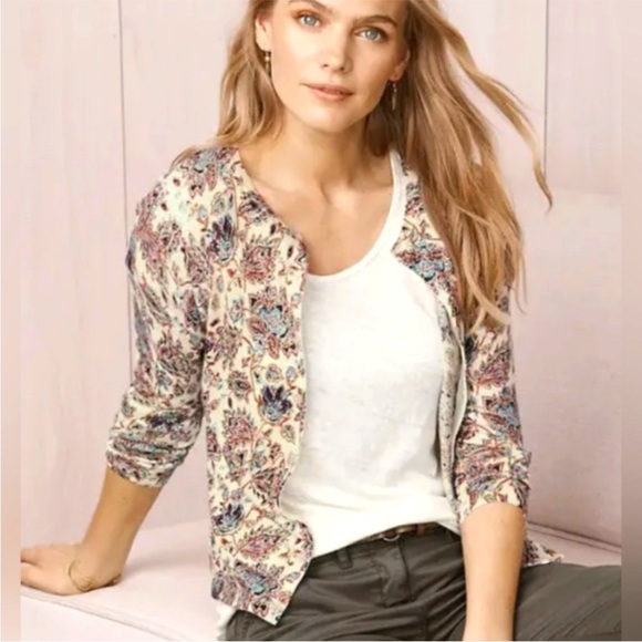 Garnet Hill Classic Merino Cardigan SZ M Purple Lilac Grey Floral - Picture 15 of 15